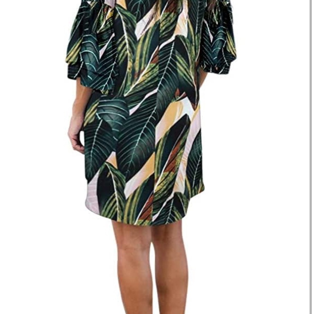 Tropical Print Dress with Ruffle Sleeves - Picture 9 of 10